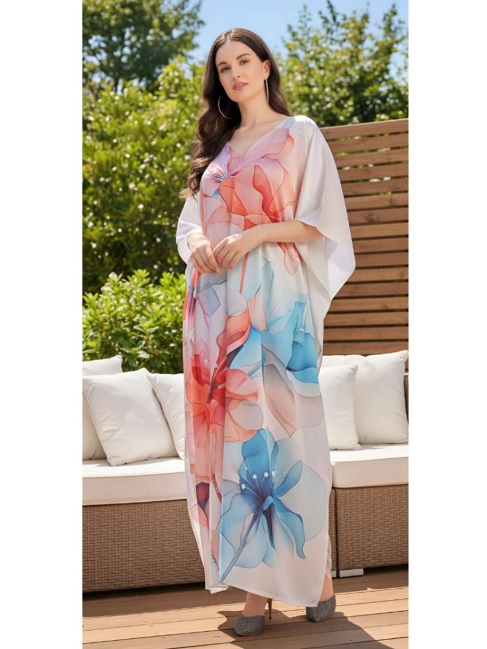 Gypsie Blu Colorful Digital Floral Satin Silk Kaftan Dress | Plus Size 1X-3X